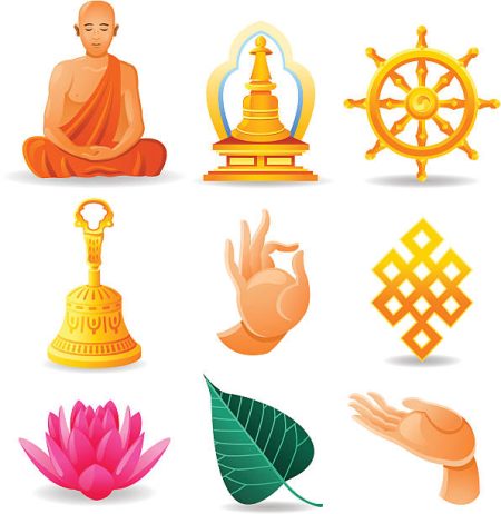 Vector illustration set of nine buddhism related elements